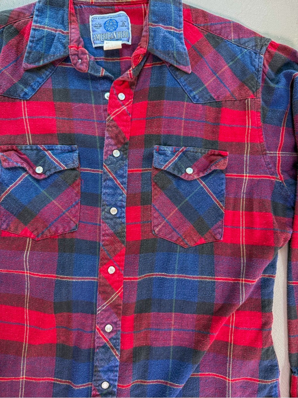 VINTAGE American Hero Plaid Pearl Snap Western Shirt LARGE Rodeo 100% Cotton